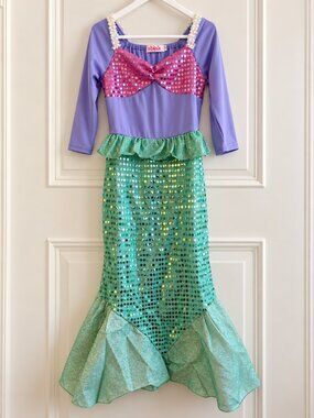 Girls Mermaid Costume Dress Purple Pink Sequin Green Tail Halloween Size M 7-8